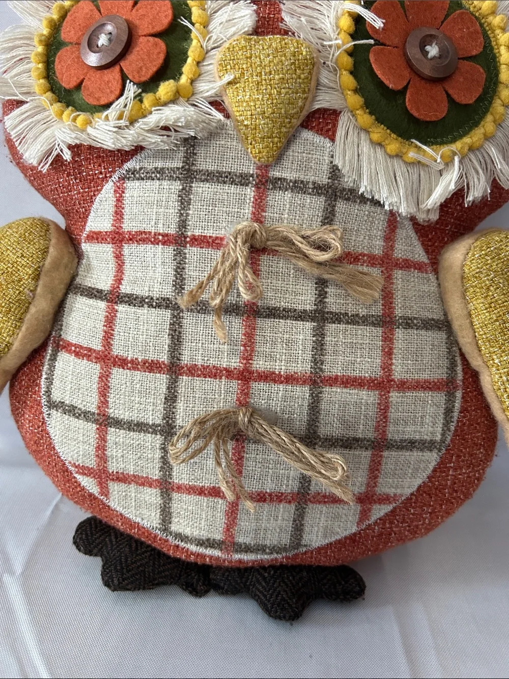VTG Inspired Owl Stuffed Flower Button Eyes Orange Gold Boho Granny Core 14”